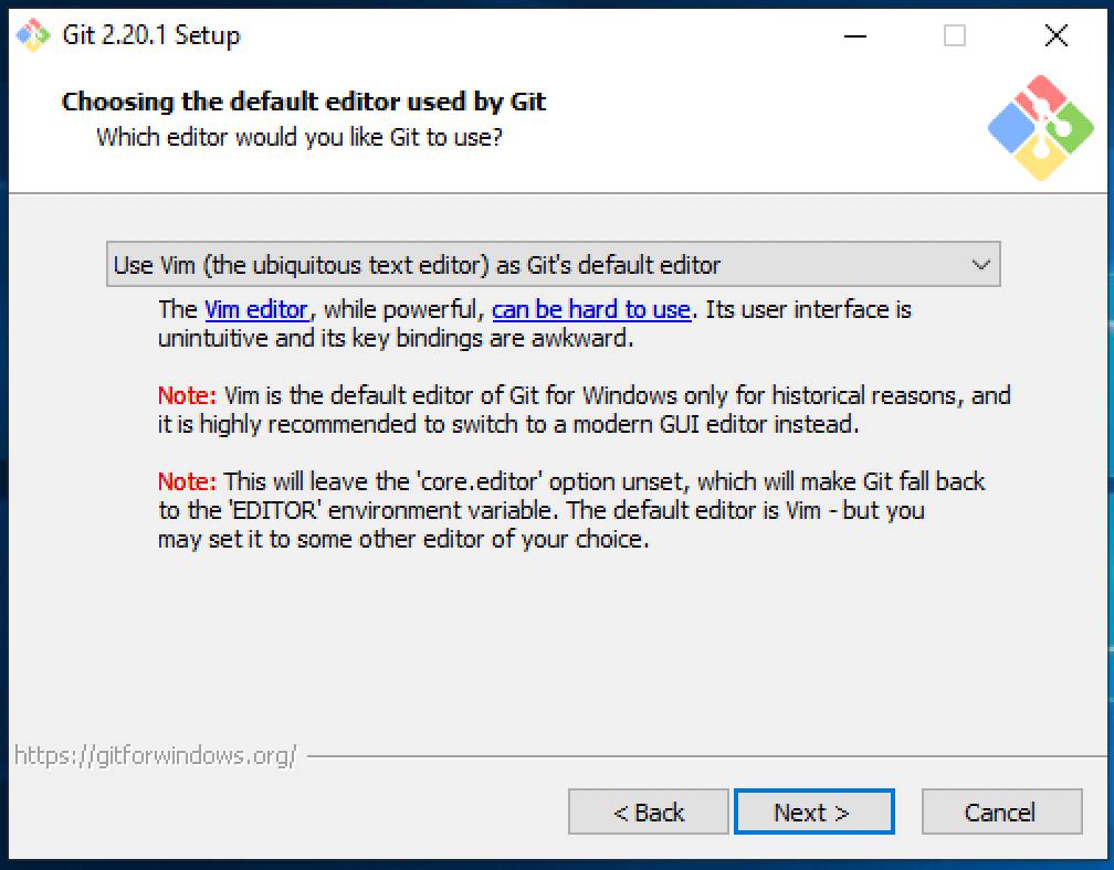 Select the default text editor for Git.