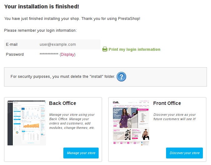 PrestaShop Installation Completed PrestaShop Installation Completed