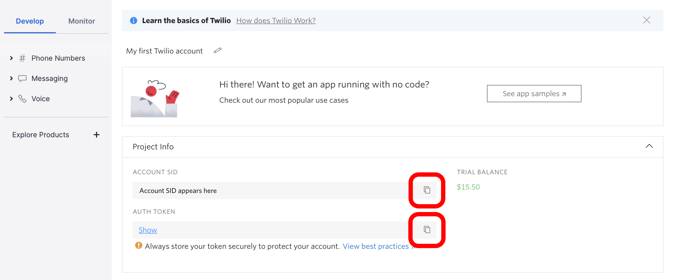 Twilio console - SID and auth token copy buttons highlighted Twilio console - SID and auth token copy buttons highlighted