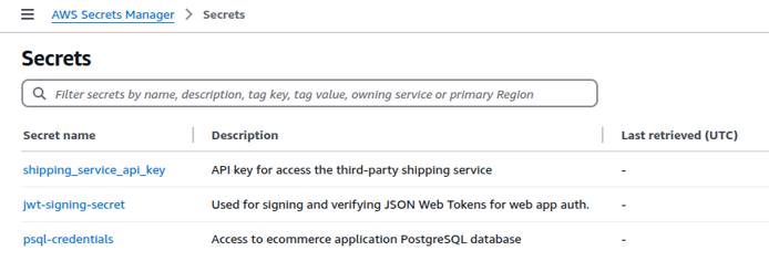 AWS Secrets Manager showing list of stored secrets.