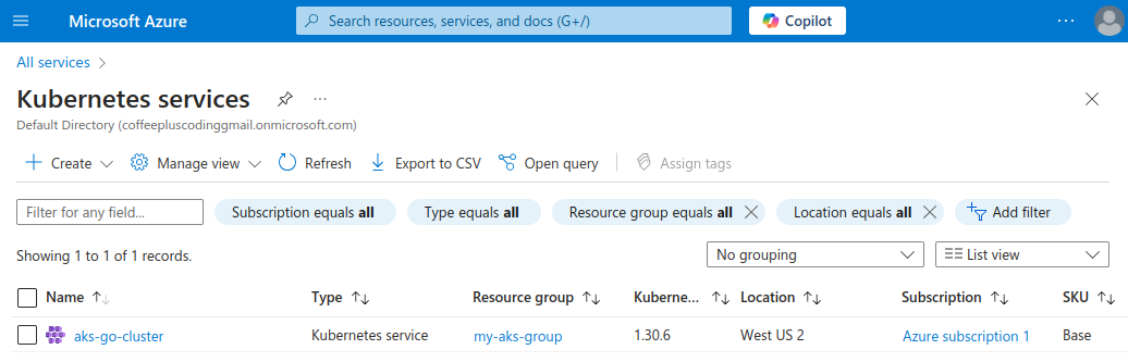 Azure portal showing AKS cluster name aks-go-cluster and resource group my-aks-group.