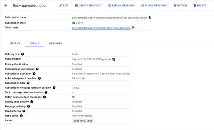 The GCP Pub/Sub Console UI showing current topic subscribers. The GCP Pub/Sub Console UI showing current topic subscribers.