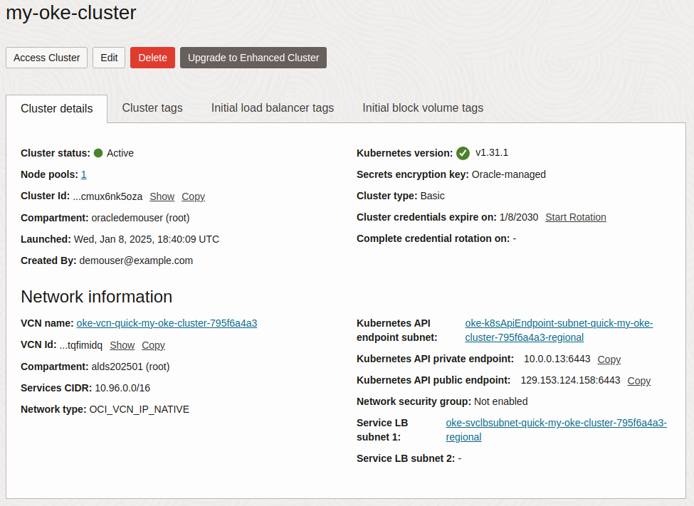 Oracle Cloud console showing detailed overview of an OKE cluster. Oracle Cloud console showing detailed overview of an OKE cluster.