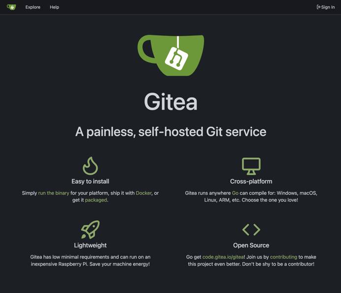 Gitea welcome page The Gitea welcome page.