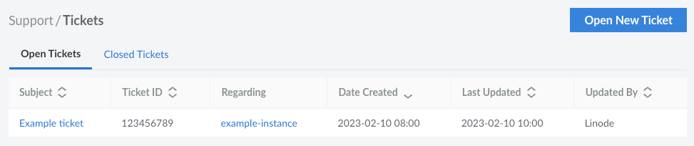 Screenshot of the Support Tickets page in Cloud Manager Screenshot of the Support Tickets page in Cloud Manager